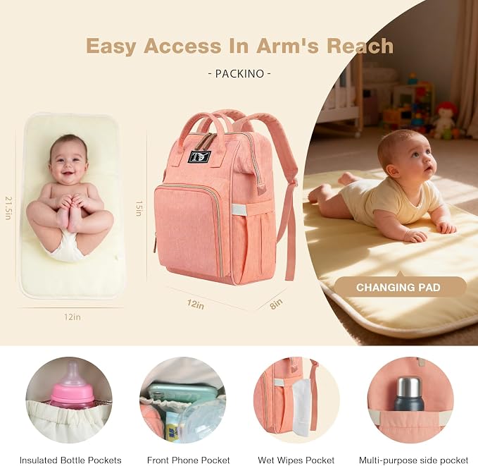 Diaper Bag Backpack for Women - Multifunction Travel Essentials Baby Diaper Bag with Changing Pad, Large Backpack Baby Girl Boy, Insulated Bottle Holders & Stroller Straps (Pink+Orange)