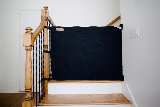The Stair Barrier First Fabric Wall to Banister Baby Gate for Stairs 43”–52” Wide x 32” Tall – Dog Gate for Stairs, for Top or Bottom Staircase, Machine-Washable, Climb Proof, Designed in USA – Black