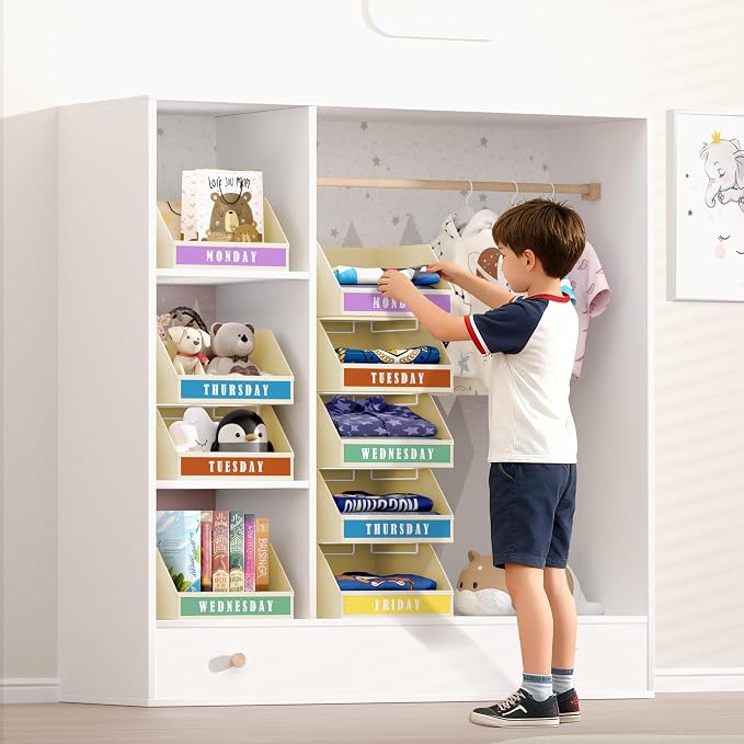 DIMJ Closet Organizers Storage Bins - Clothes Organizer Kids with Weekly Labels & Frame, Stackable Basket Organization, Foldable Shelf Storage Container for Wardrobe Bedroom