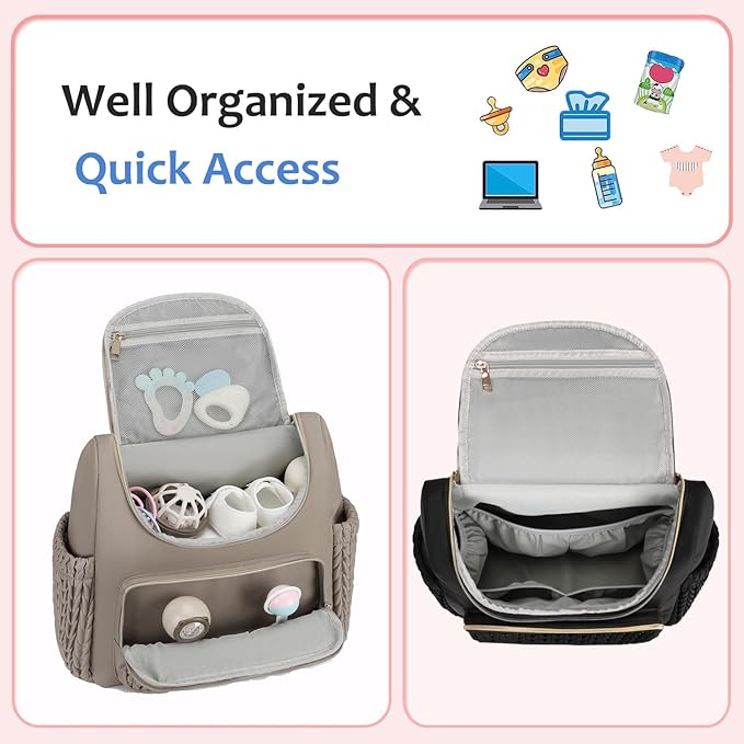 LORADI Diaper Bag Backpack, Baby Shower Gifts, Khaki | Stroller Clips, Insulated Pockets, Water-resistant, Easy to Clean, Durable