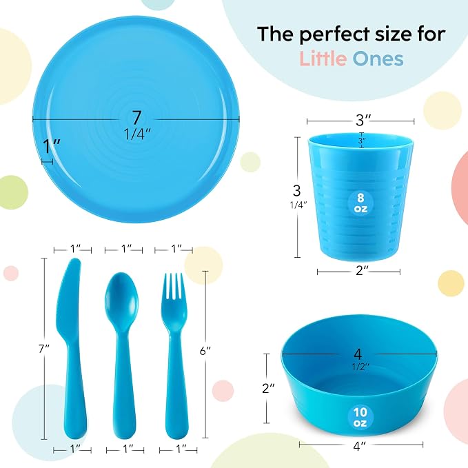 PLASKIDY Kids Plastic Dinnerware Set - 36 Pc Reusable Children's Dinner Set Microwave / Dishwasher Safe BPA Free Toddler Dishes Dinnerware Set Includes Kids Plates and Bowls Kids Cups & Flatware.
