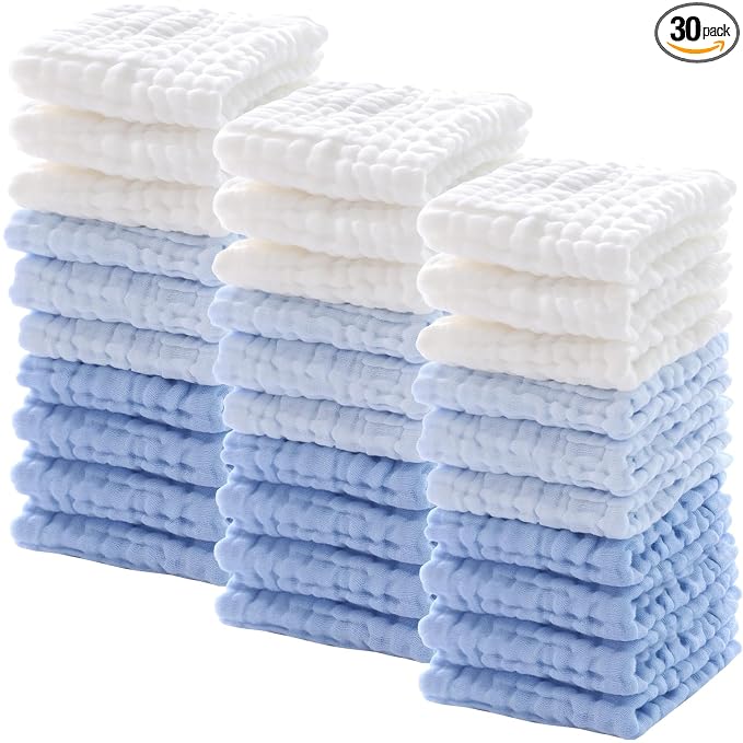 Chumia 30 Pcs Baby Muslin Washcloths Muslin Burp Cloths Baby Towel Natural Cotton Burp Cloths Wipes Soft Newborn Face Towel Absorbent for Face Bath Shower, 12 x 12'' (Light Blue, White, Blue)