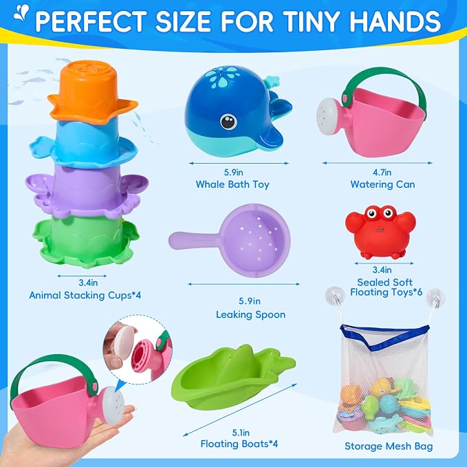 Baby Bath Toys for Kids Ages 1-3, 17PCS Mold-Free No Hole Bath Toys, Pool Water Table Toys, Toddler Bath Toy Set with Whale Sprayer, Boats & Stacking Cups, Easy Clean Bathtub Toys with Storage Bag