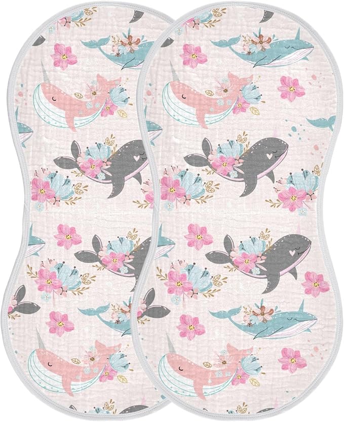 vvfelixl Whale Narwhal Flowers Burp Cloths for Baby Boy Girls Baby Washcloths Burp Rags 1 Pack