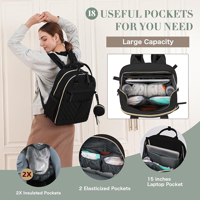 Diaper Bag Backpack Baby Bags with Changing Pad Large Newborn Maternity Bags,18 Pockets,Insulated Pockets,Stroller Straps,Black