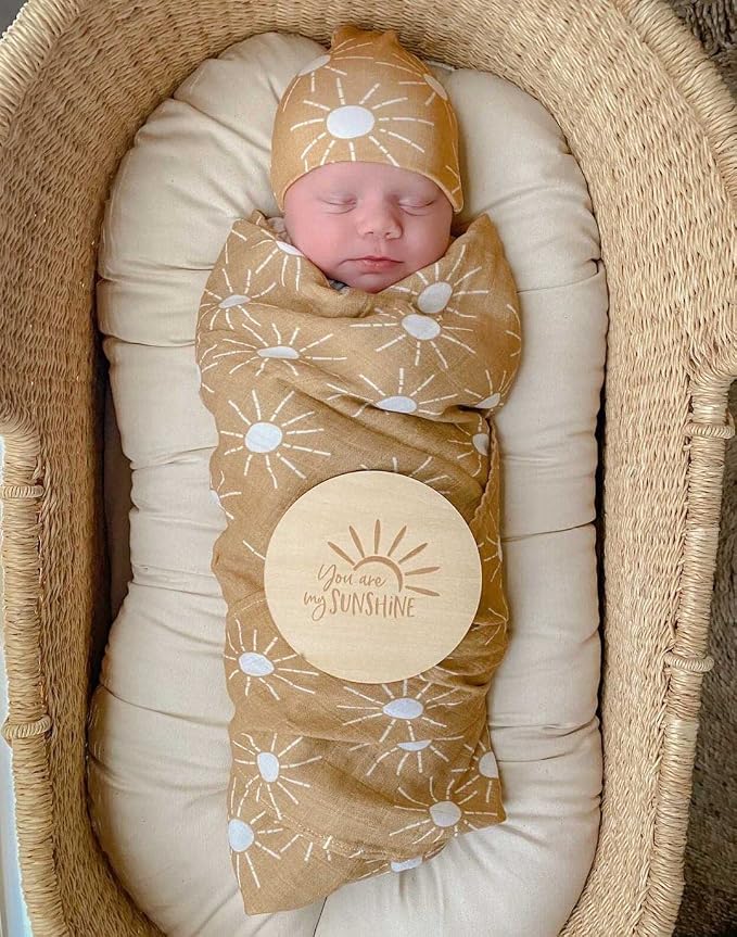 Miaoberry 100% Organic Sunshine Baby Muslin Swaddle Blankets for Boy or Girl with Hat and Wooden Hello World Newborn Sign, Gender Neutral Newborn Photography Outfits, Unisex Birth Announcement Sign
