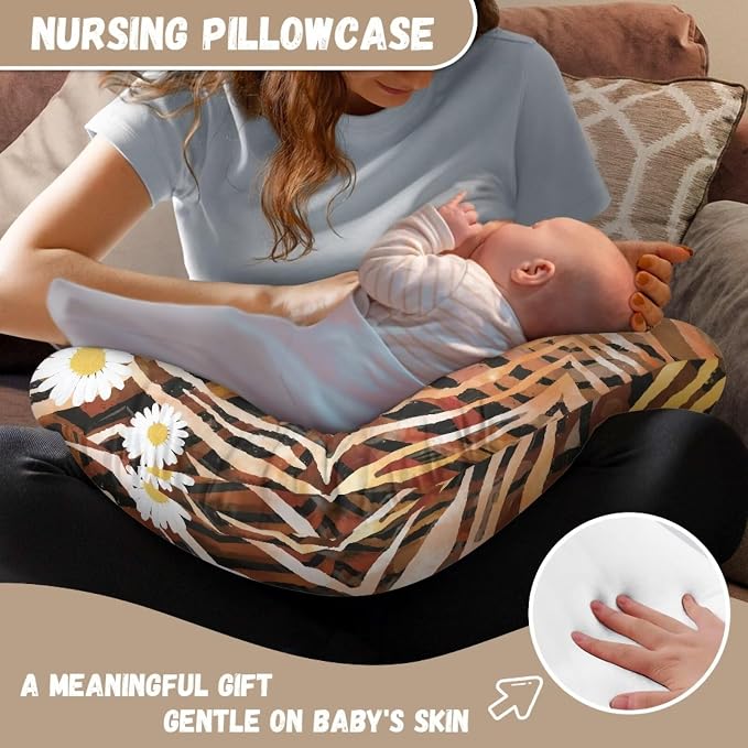 Zebra Skin Daisy Nursing Pillow Detachable Newborn Original Breastfeeding Slipcover Case and Positioner U-Shaped Head Support Protector Cushion Essential with Hidden Zipper Easy Care