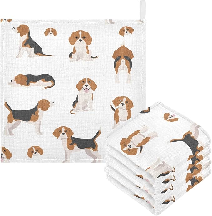 vvfelixl Beagle Puppy Baby Burp Cloths Baby Muslin Washcloths for Boys Girls Cotton Baby Face Towel for Newborn Infants Soft and Absorbent 11.8 X 11.8 in, 5 Pack