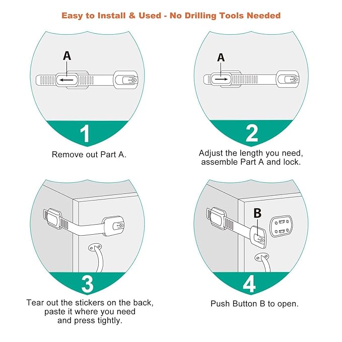 16 Pack Vmaisi Multi-Use Adhesive Straps Locks - Childproofing Baby Proofing Cabinet Latches for Drawers, Fridge, Dishwasher, Toilet Seat, Cupboard, Oven,Trash Can, No Drilling (White) (16)