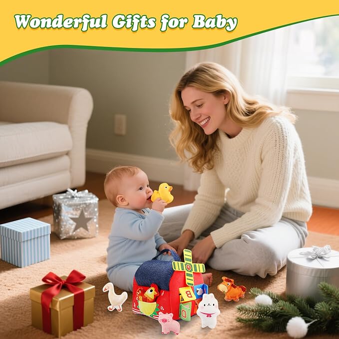 Baby Toys 6-12 Months Montessori Sensory Toy Barn with Stuffed Farm Animals, Rattle, Crinkle for Infants. Portable Learning Gift for 6 Month Old, 1-3 Year Old Toddlers, Christmas Stocking Stuffers