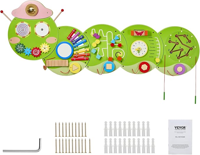 VEVOR Caterpillar Activity Wall Busy Board Wall, 12 Wall Activities Board, Montessori Sensory Wall Panel for Kids 3-12 Years, Sensory Wall Activity Board, Ideal for Toddler Playroom Nursery Classroom