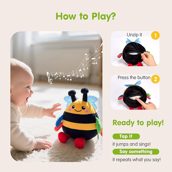 hahaland Baby Toy for 6 + 12 18 Months ??Crawling Musical Dancing Bouncing Learning Bee Plush, Interactive Tummy Time Toy for 1 2 3 Year Old Boys Girls Baby Easter Basket Stuffers