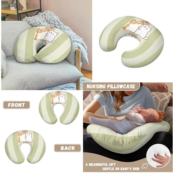 Light Green Stripes Nursing Covers for Breastfeeding Pillows,Cute Kitty Dog Breastfeeding Pillow Cases and Newborn Lounger Cover Slipcover 2 Pack Set for Boy and Girls（Cover Only）