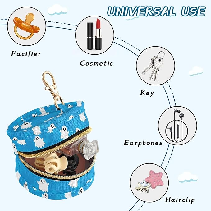 Halloween Ghost Blue Print Pacifier Holder Case for Diaper Bag Portable Travel Pacifier Storage Case with Clip Newborn Baby Pouch for Outdoor Purse Baby Boys Girls