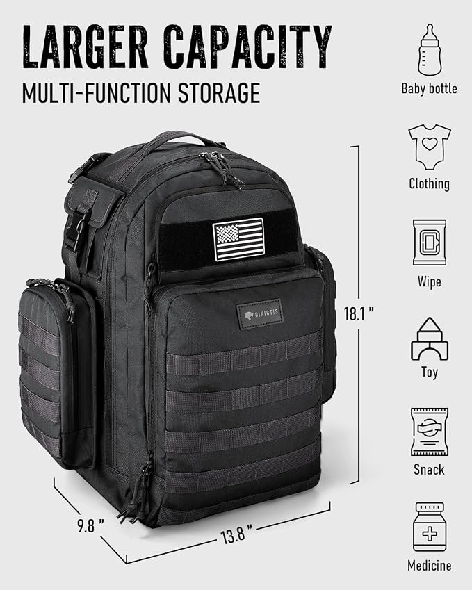 Dinictis Dad Diaper Bag, Mens Diaper Bag Backpack with Diaper Changing Mat, Military Diaper Backpack with Molle Webbing, Waterproof Pouch, Baby Wipes pocket, Insulated Bottle Pockets- Tropical Black