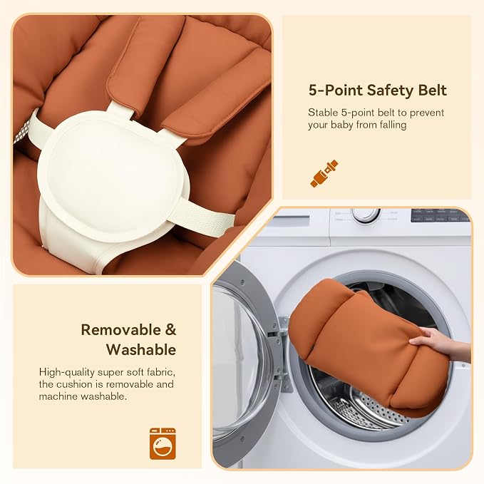 Baby Swings for Infants | Electric Portable Baby Swing with Bluetooth, 5 Swing Speed, 3 Timer Settings, 10 Melodies, 5-Point Harness & Remote Control | Indoor & Outdoor Newborn Swing (Brown)