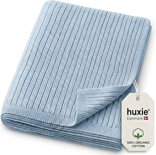 100% Organic Cotton Knit Receiving Baby Boy Blanket for Newborns - Soft, Breathable Swaddle Blanket for Crib & Stroller - Nursery Gift(Ribbed Baby Blue)