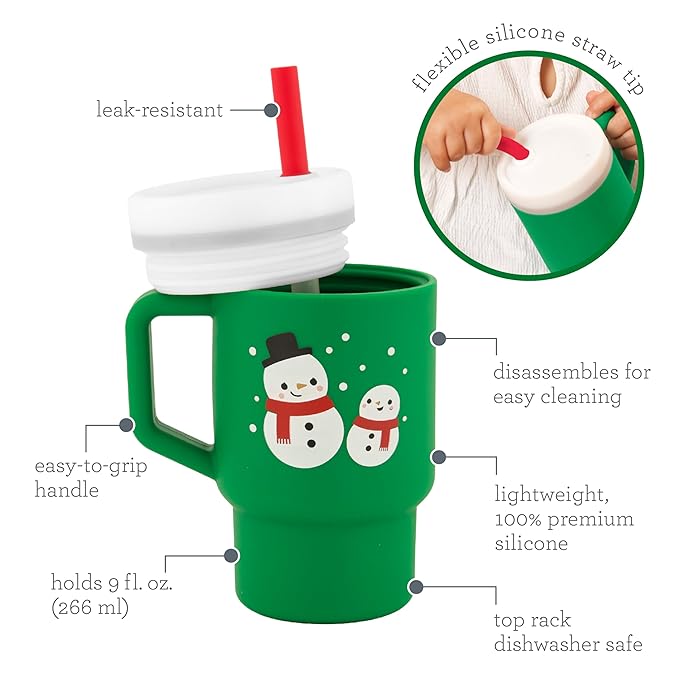 Infantino My 1st Tumbler, 9 Oz. Silicone Sippy Cup with Straw & Handle, Spill-Resistant Baby Cup for On-the-Go, BPA-Free Transition Bottle, Green Snowman