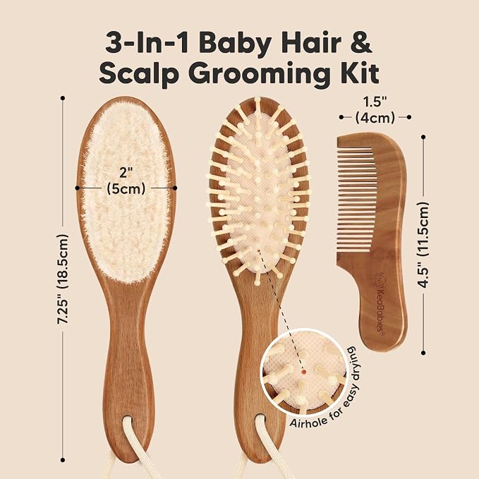 Keababies Baby Hair Brush and Comb Set and Baby Washcloths - Wooden Brush with Soft Goat Bristle - Towels and Washcloths for Newborns, Infants, Kids