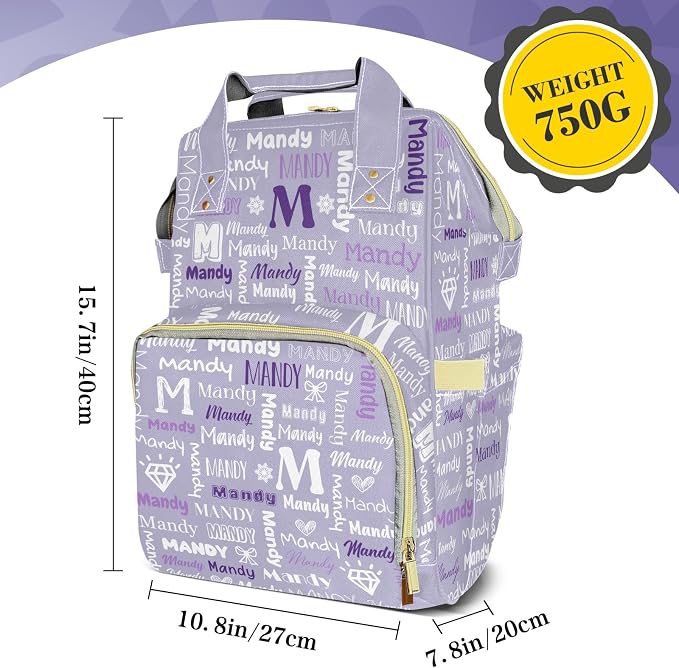 Custom Diaper Bag with Name Personalized Multifunctional Mommy Backpack for Daughter Granddaughter, Purple Daypack Bag for Travel