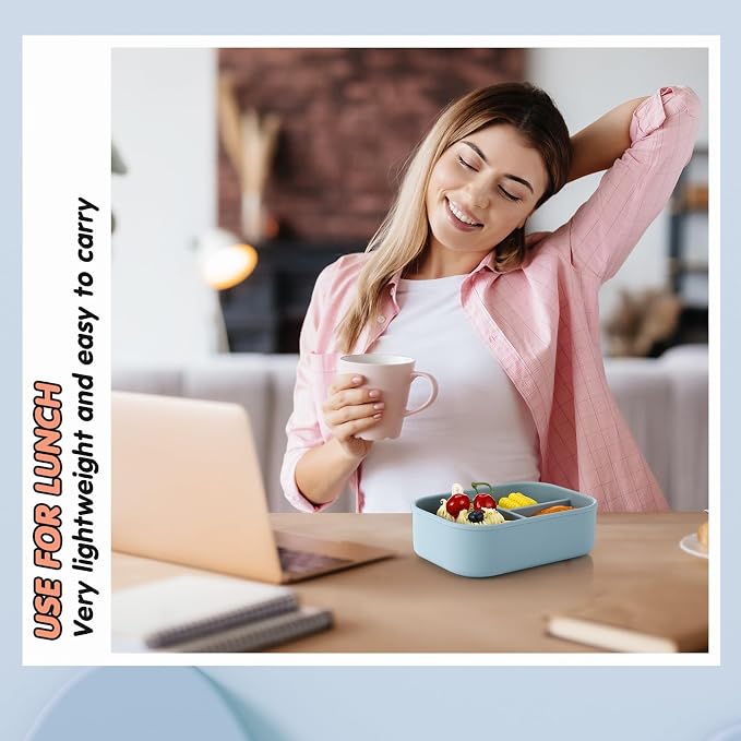 Layhit 1 Pcs Silicone Bento Box for Adults, 27 oz Bento Lunch Container Reusable Food Container for Women Men, Leak Proof Microwave Dishwasher Freezer Safe (3 Compartments,Gray Blue)