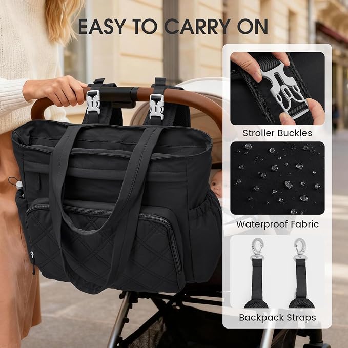 G4Free 3 in 1 Diaper Bag with Insulated Pockets Baby Backpack for Women Men Toddler Diaper Tote with Stroller Buckle Travel Work-Black