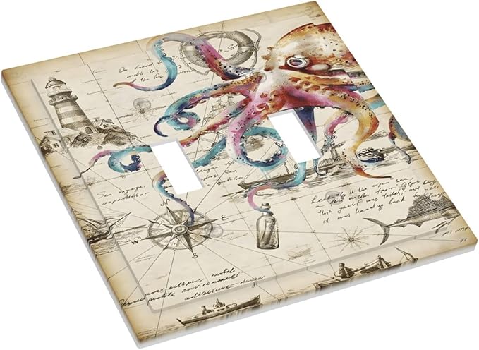 Cool Colorful Nautical Octopus Ocean Kraken Vintage Decorative Switch Plates 2 Gang Double Toggle Outlet Light Switch Cover Wall Plate Electrical Faceplate for Bathroom Farmhouse Decor