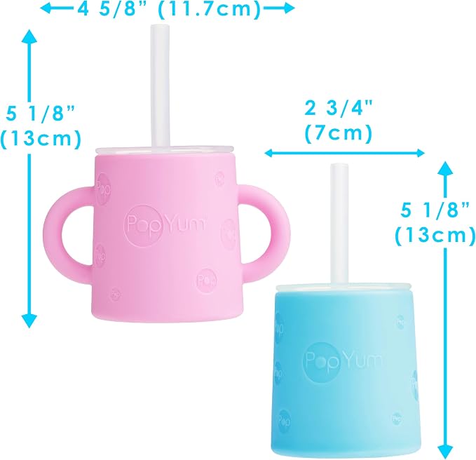PopYum Silicone Training Cup with Straw Lid 2-Pack for Baby, Infant and Toddler, Tumbler, Sippy, handles, 5 ounce (blue, pink)