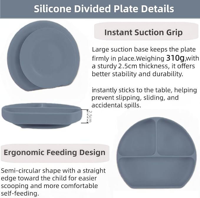 Personalized Name Food Grade 6pcs Baby Feeding Set with Spoon, Fork,Silicone Suction Bowls,Cup,Plate,and bib BPA Free - First Stage Self Feed (Color Dark Gray Y10)