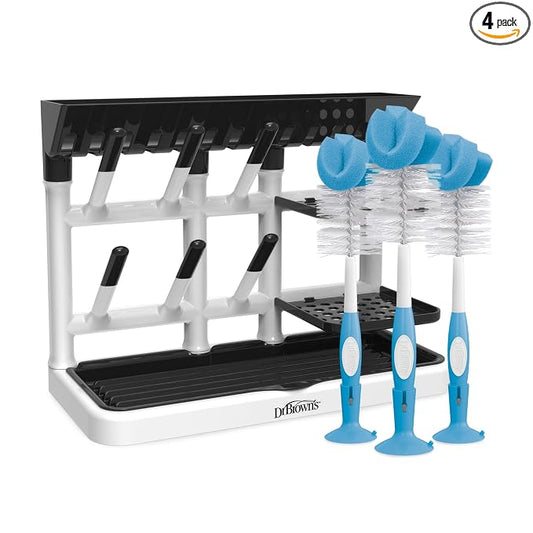Dr. Brown's Drying Tower, Stand-Up Rack with Reusable Sponge Baby Bottle Cleaning Brush Set, 3-Pack, Blue