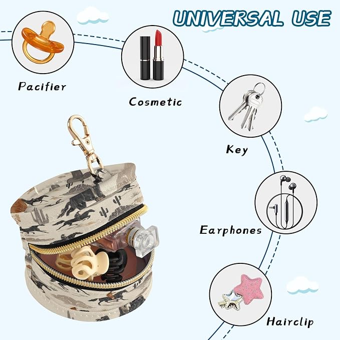 Pacifier Holder with Clip Pacifier Case for Diaper Bag Round Baby Pacifier Pouch Box Bag Portable Beige Western Cowboy and Cactus
