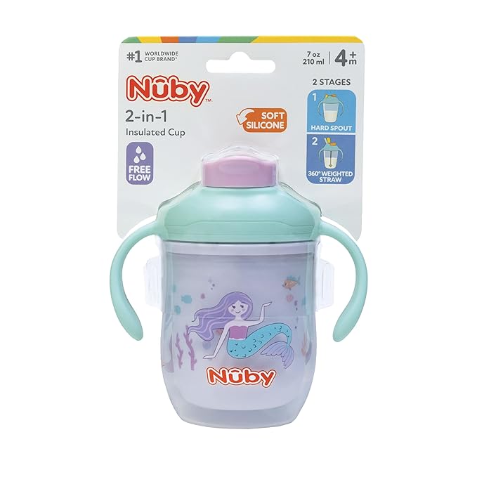 Nuby 2-in-1 Insulated Toddler Cup with 360° Weighted Straw & Hard Spout - 7 oz - Leak-Resistant with Easy Grip Handles - 4+ Months - Mermaids
