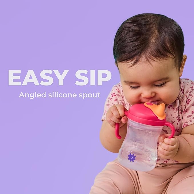 b.box + Lansinoh Time to Sip Starter Cup Set (3m+ to Toddler) | 1 Cup with 4 Lids ??Nipple, Spout, Weighted Straw, Training | BPA-Free, Dishwasher Safe, Easy-Grip | 8 Ounces | Tropical Sea