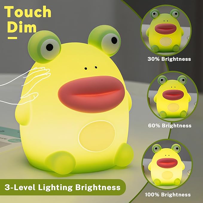 AVEKI Frog Night Light, Cute Big Mouth Frog Lamp Gifts for Boys and Girls, Rechargeable Touch Nursery Night Light for Baby Toddler, Portable Cordless Silicone Animal Lamp for Bedroom Table Desk