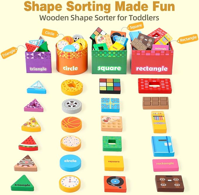 Atoylink Montessori Toys Shape Sorter for Toddlers, Wooden Stacking Blocks Nesting Boxes Baby Everyday Objects Shape Sorting Toys Matching Games, Preschool Learning Toys for 1 2 3 Year Old Boys Girls