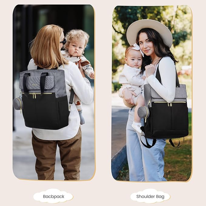 LOVEVOOK Diaper Bag Backpack,Diaper Bag Tote with Insulated Pockets,Baby Bag for Girl Boy with Changing Pad,Large Baby Diaper Bag with Pacifier Case,Anti-Theft Travel Backpack for Women,Black-Gray