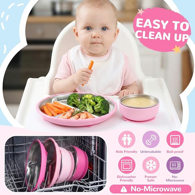 Havawish 4 Pcs Stainless Steel Baby Plate and Bowl with Suction, 8.3" Kid Divided Plate 4" Toddler Bowl with Removable Silicone, BPA-free Non-slip Baby Feed Set Dishwasher Safe for Boy Girl (Violet)
