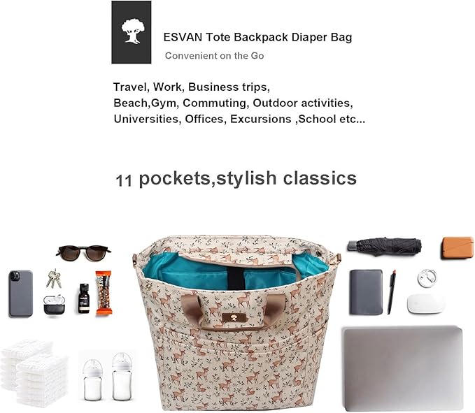 ESVAN Diaper Tote Bag Totepack Backpack Crossbody Bag 3 in 1 for Women Laptop Backpack Multifunctional with Insulated Pockets