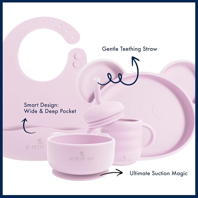 Silicone Baby Feeding Set - Complete Baby Led Weaning Supplies with Non-Toxic Silicone Bibs, Suction Plates, Suction Baby Bowl, Sippy Cup, Baby Spoons and Fork, Toddler Utensils (Angelic Pink)