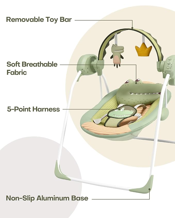 Baby Swings for Infants, Portable Baby Swing with Adaptable Speed, Music and Timer, Infant Swing for Babies 0-9 Months 6-20 lbs, Indoor/Outdoor Use