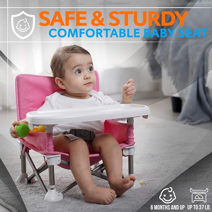 SereneLife Baby Seat Booster -Space Saver Toddler Booster Seat - Portable Pop and open Sit Folding Booster Feeding Chair - Safety Belt/Food Tray/Travel Bag - SereneLife