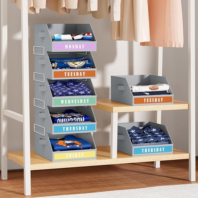 DIMJ Closet Organizers Storage Bins - Clothes Organizer Kids with Weekly Labels & Frame, Stackable Basket Organization, Foldable Shelf Storage Container for Wardrobe Bedroom
