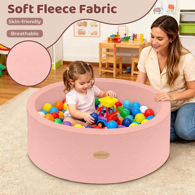 HARBOLLE 35.4" Soft Fleece Ball Pit & Playpen for Toddlers & Babies, Indoor/Outdoor Kids Foam Play Center, for Boys & Girls, Pink