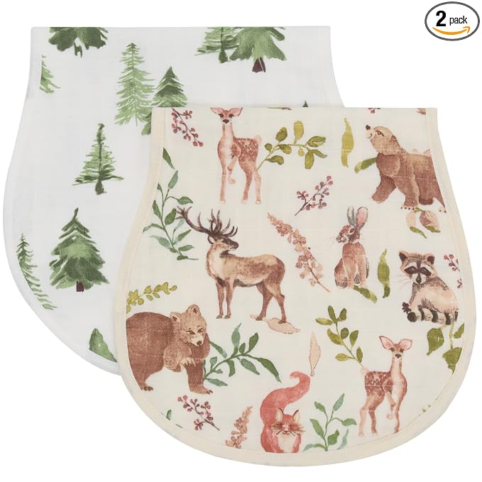 LifeTree Muslin Baby Burp Cloths - Soft 2 Pack Viscose from Bamboo Cotton Large 22'' by 10.6'' Absorbent Milk Spit Up Rags - Burping Cloths for Newborn, Girls Boys, Woodland Animals & Pine Tree