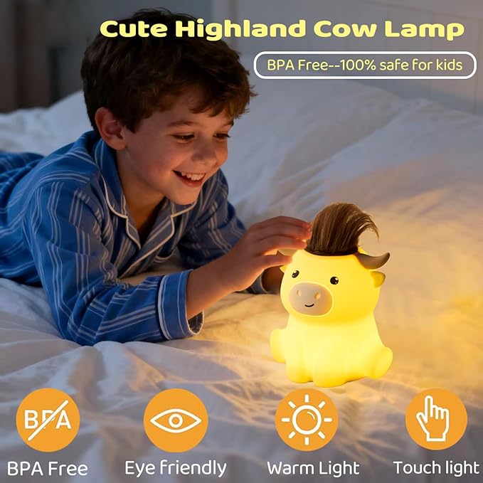 DREAMING MY DREAM Highland Cow Night Light,Cute Dimmable Farm Animal Highland Cattle Lamp,Soft Bedside Lamp for Nursery Bedroom,Decor Gifts for Adults Kids Boys Girls Christmas Gifts