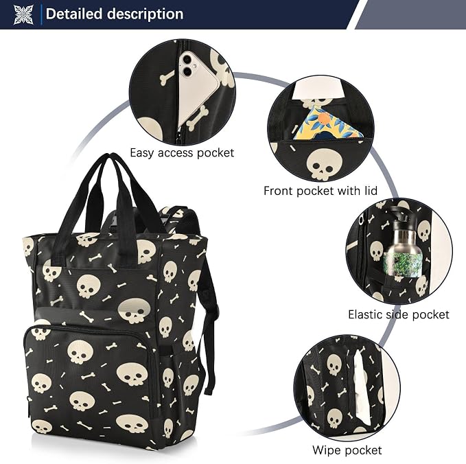Skull Cartoon Bones Diaper Bag Insul Pockets Mom Dad