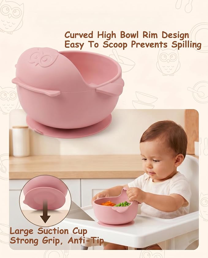Silicone Baby Feeding Set with Spoon, Bowls, Plates with Suction, Bib, and Toddler Sippy Cups with Replaceable Snack Lids, Pink