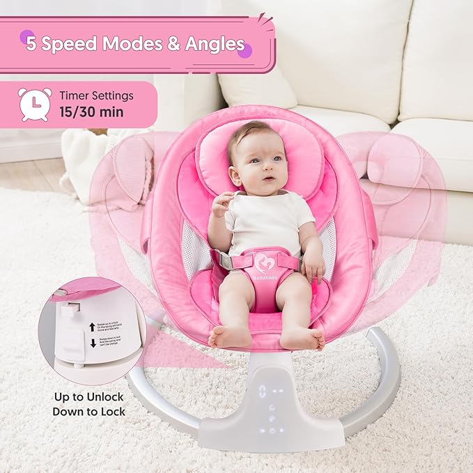 Bluetooth Baby Swing for Infants, Compact & Portable Pink Baby Girl Swing, 3 Seat Positions, 5 Swing Speed, 10 Music, Remote Control, Plug-in Power, Reversible Cushion, mecedora eléctrica para Bebe