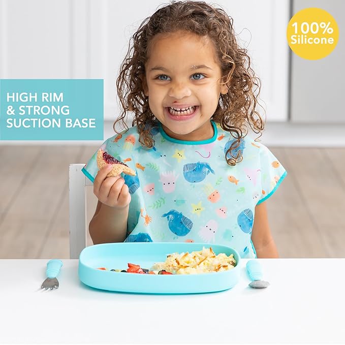 Bumkins Toddler and Baby Suction Plate, Silicone Grip Dish Large Tray for Big Kids, Fits Most Highchairs, Essential Children Feeding Supplies, Non Skid Sticky Bottom, Platinum Silicone, Blue