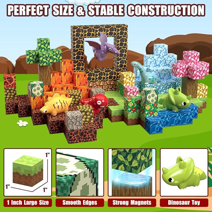 Daoyehsy 205Pcs Magnetic Blocks Dinosaur Toys Build 3D World, 1" Magnetic Building Blocks Magnet Cubes Tiles for Toddler Boys Girls 3+, STEM Sensory Building Toys Games